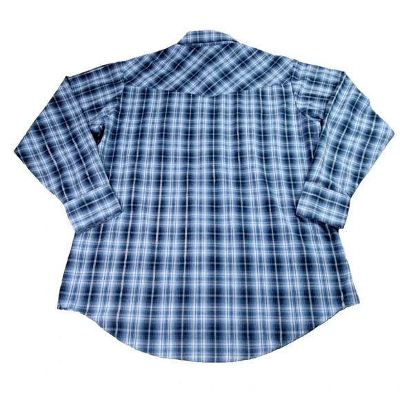 Ely Cattleman Western Shirt Large Blue Silver Plaid Pearl Cowboy Rodeo Dance - Picture 2 of 14